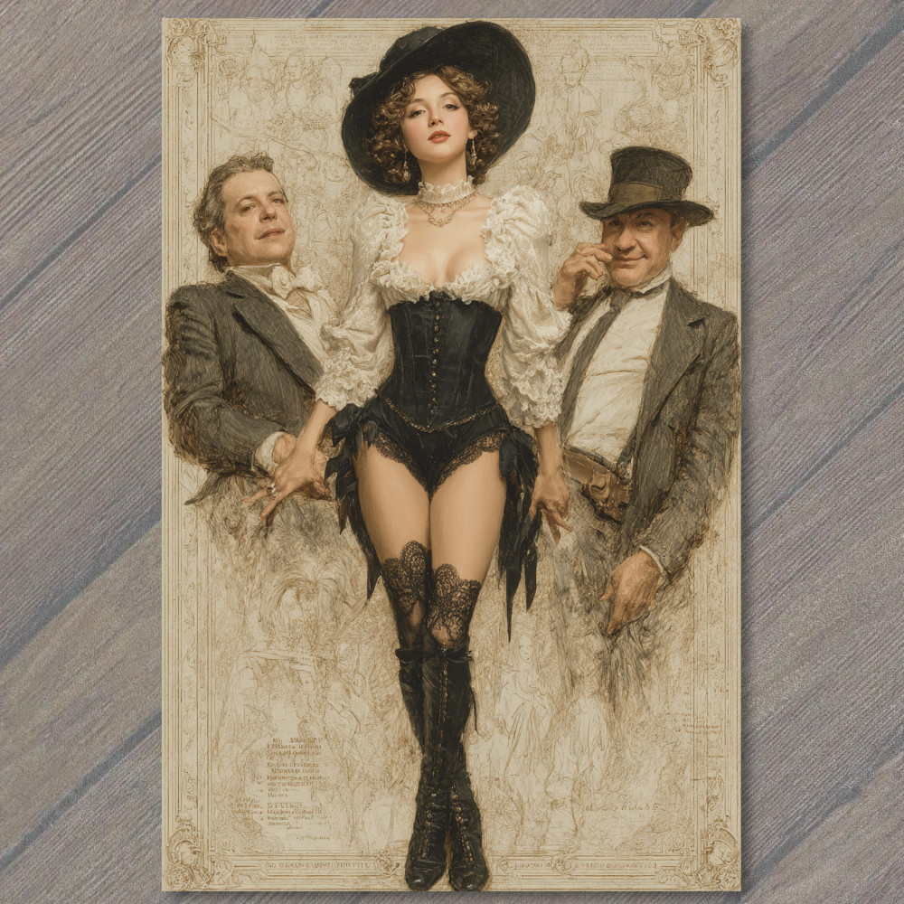 STICKER Western Burlesque Dancer Two Men Lace Corset Hat Boots Vintage Style