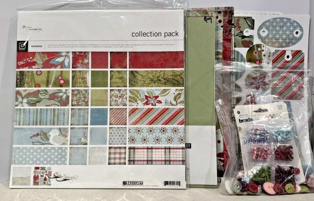 Basic Grey Dasher 12 x 12 Scrapbook Paper Cardstock Buttons Brads LOT