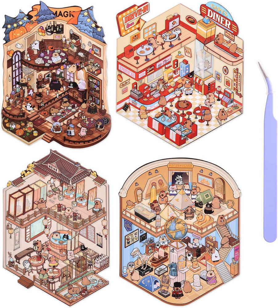 Girls 3D Miniature Scene Stickers, 4 Sets World Travel DIY House Stickers for Mu