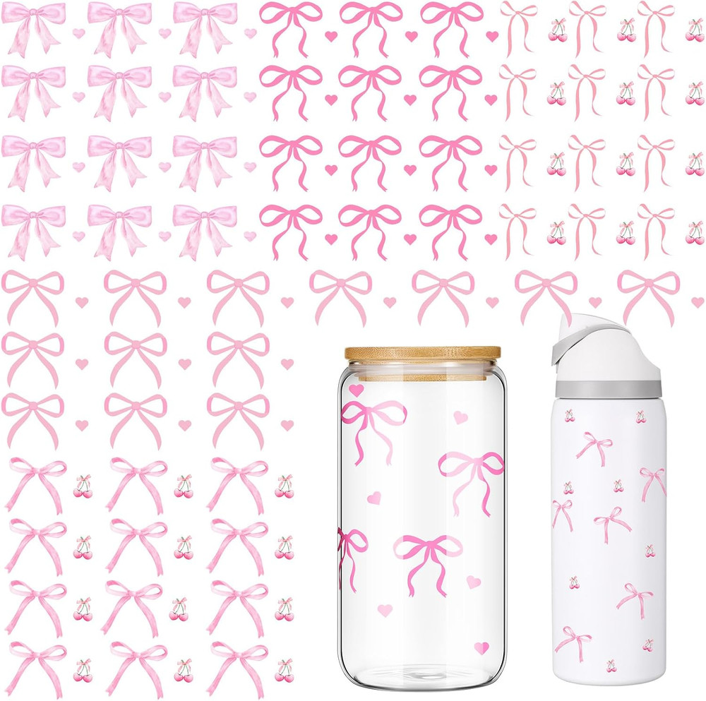 5 Sheets Bow Stickers for Water Bottles, Hearts Coquette Sticker Sheet, Rub on T