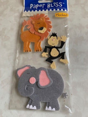 PAPER BLISS STICKERS 3D FLOCKED ZOO ANIMALS ‘AT THE ZOO’ LION MONKEY ELEPHANT 3P