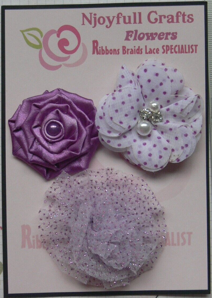 ORCHID LAVENDER Spotted Fabric Organza Lace Satin 3 Flower Pk 45-60mm O2 J NJC