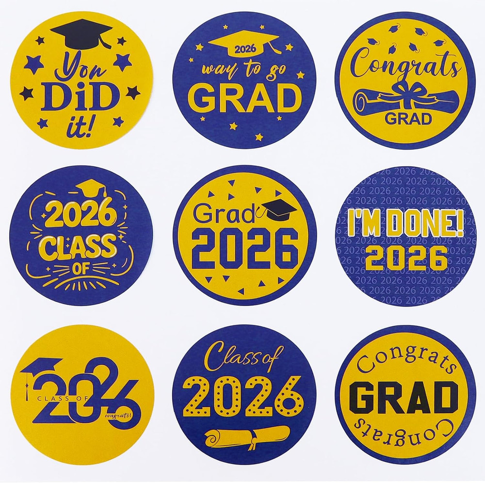90PCS Blue Gold Class of 2026 Graduation Stickers, 9 Styles Congrats Grad Envelo