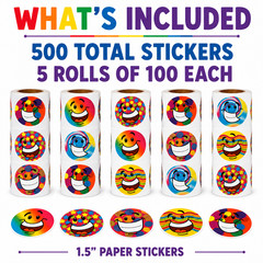 500 Funky Smile Face Stickers 1.5″ Roll Classroom Rewards Party Favors