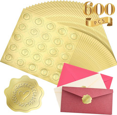 600 PCS Gold Heart Stickers, Embossed Wax Seal Gold Foil Stickers, Self-Adhesive