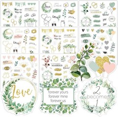 Romantic Gold-Green Waterproof Stickers Set – 8 Sheets for DIY Wedding Projects