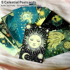 5 Celestial Postcards Moon Sun Stars Scrapbooking Junk Journal Ephemera Pack