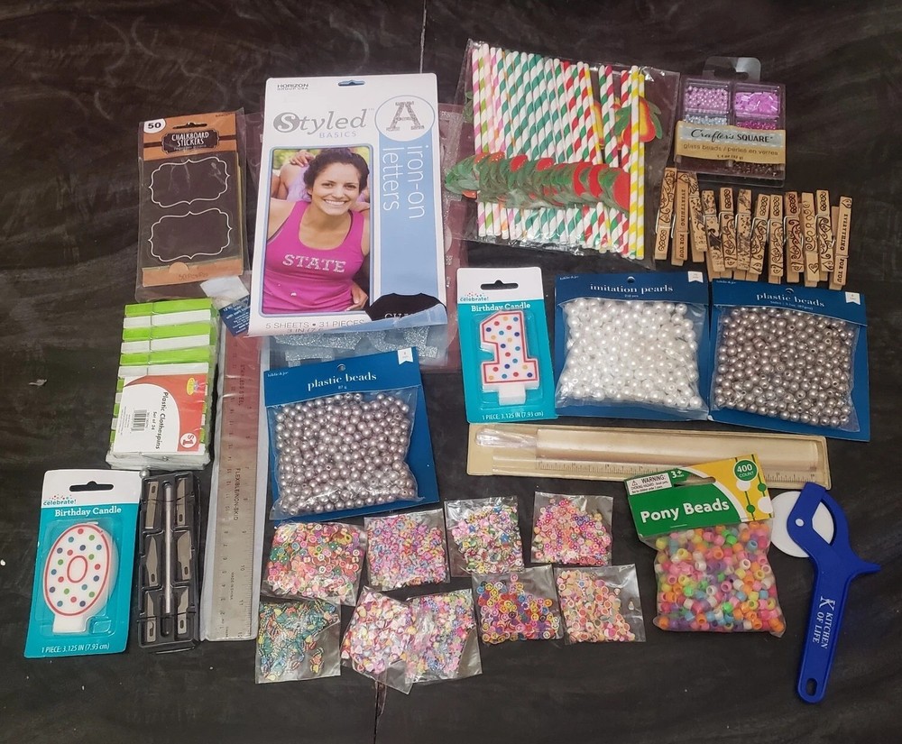 HUGE Crafting Lot Stickers Beads Straws Clothespins Pearls Candles Rulers Crafts