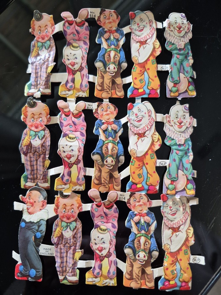 15 Pieces Vintage Embossed Paper Die Cut CLOWNS MLP #814 England Ephemera