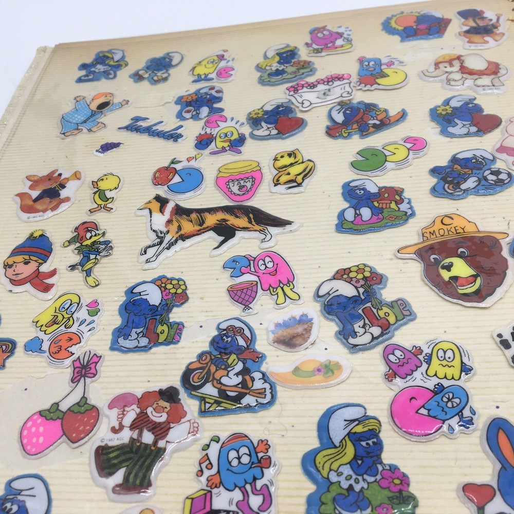 Vtg 80s Stickers Album Binder Smurfs Scratch Sniff Puffy Unicorns ET Cabbage Ptc
