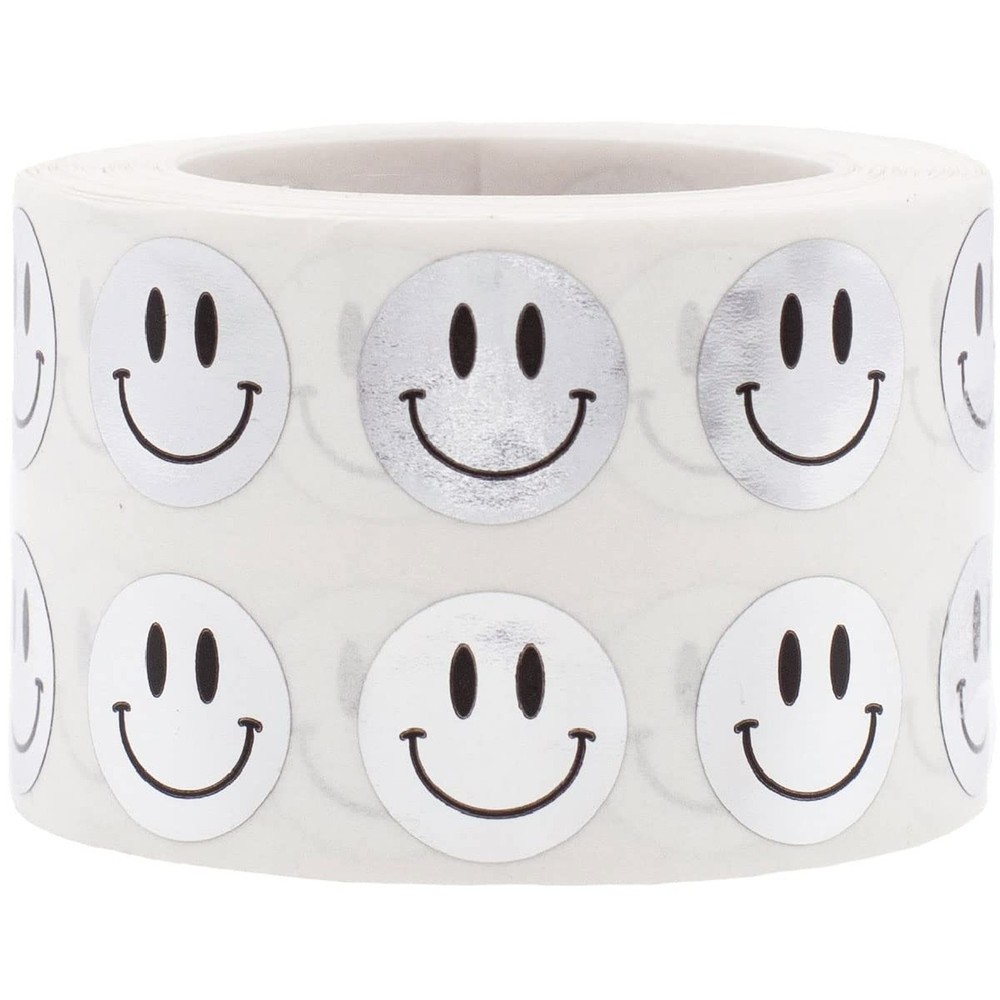 1/2″ Inch Small Metallic Silver Happy Face Labels, 1,000 Total Adhesive Stick…