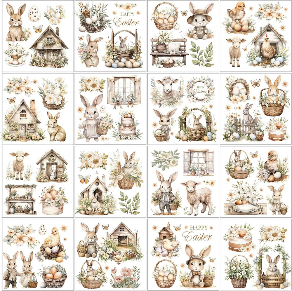 16 Pcs Easter Rub on Transfers, Vintage Cute Bunny Rub on Transfers for Crafts a