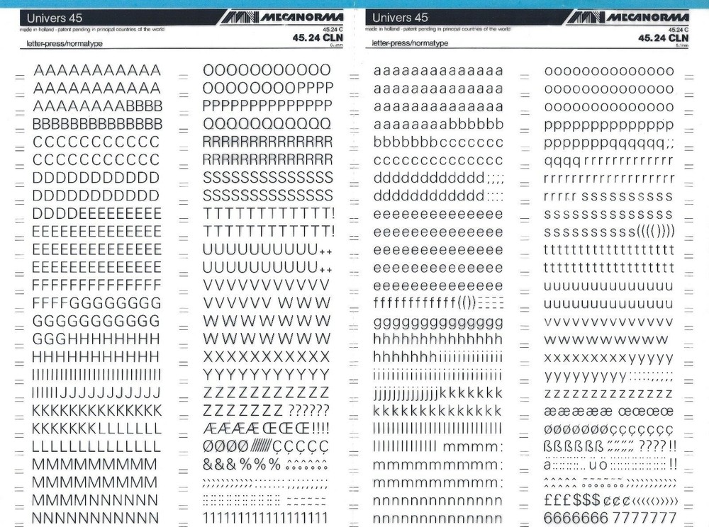 MECANORMA Transfer Lettering Sheet A3, Letraset, #438 UNIVERS 45 6.1mm