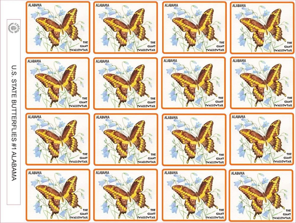 ALABAMA STATE BUTTERFLY – THE GIANT SWALLOWTAIL 2.5″ X 2″- 16 PER SHEET