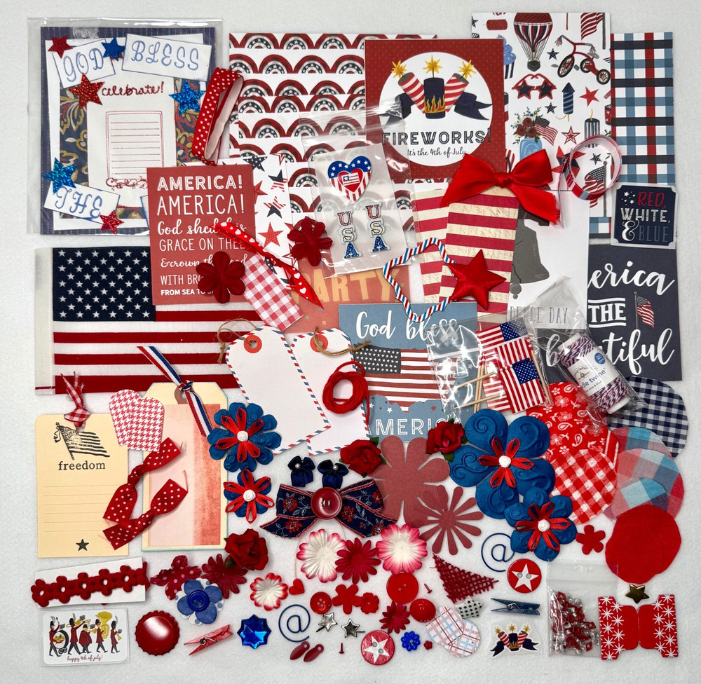 Red White and Blue USA Patriotic scrapbook planner journal junk paper craft lot