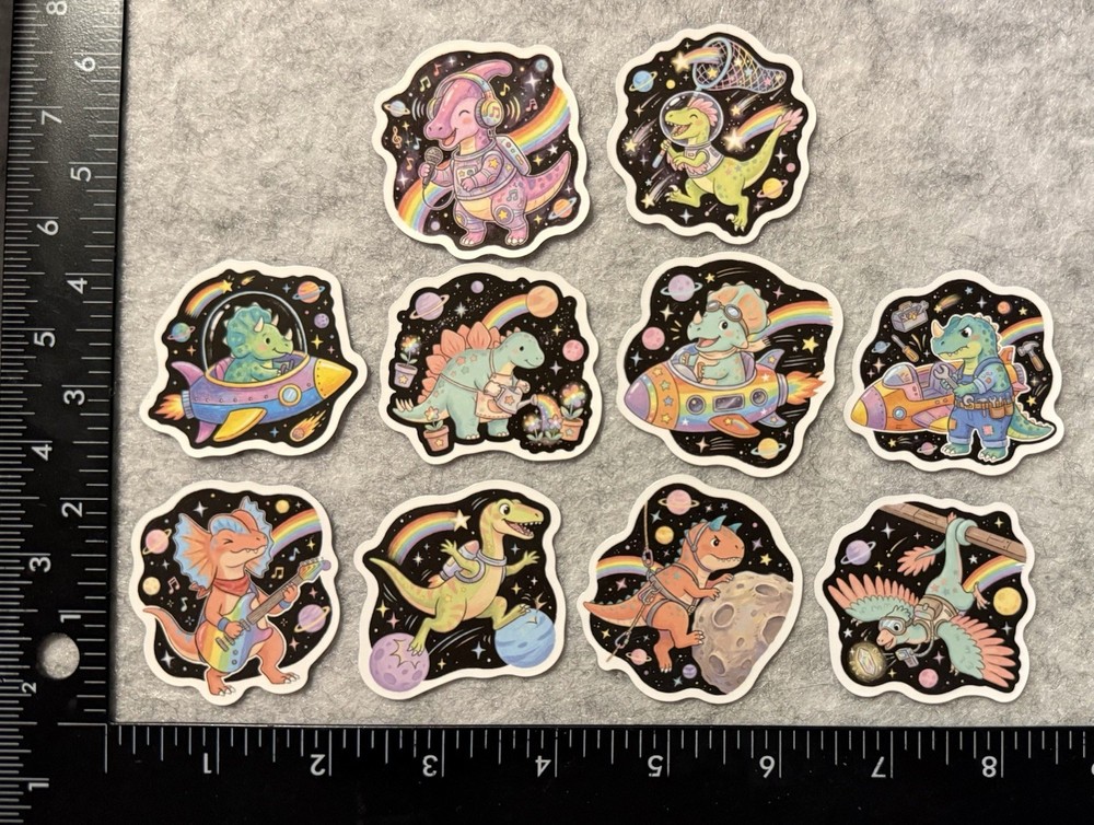 Lot of 10 Assorted Cute Dinosaur In Space T-Rex Astronaut Stickers