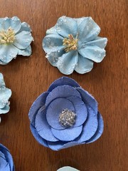 Handmade Paper Flower Embellishments Blue White Green Scrapbooking Lot
