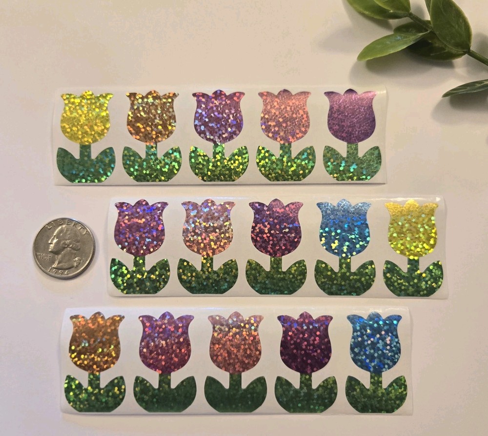 15 Glitter Tulip Stickers/Spring Summer Flower Stickers/Holographic Stickers