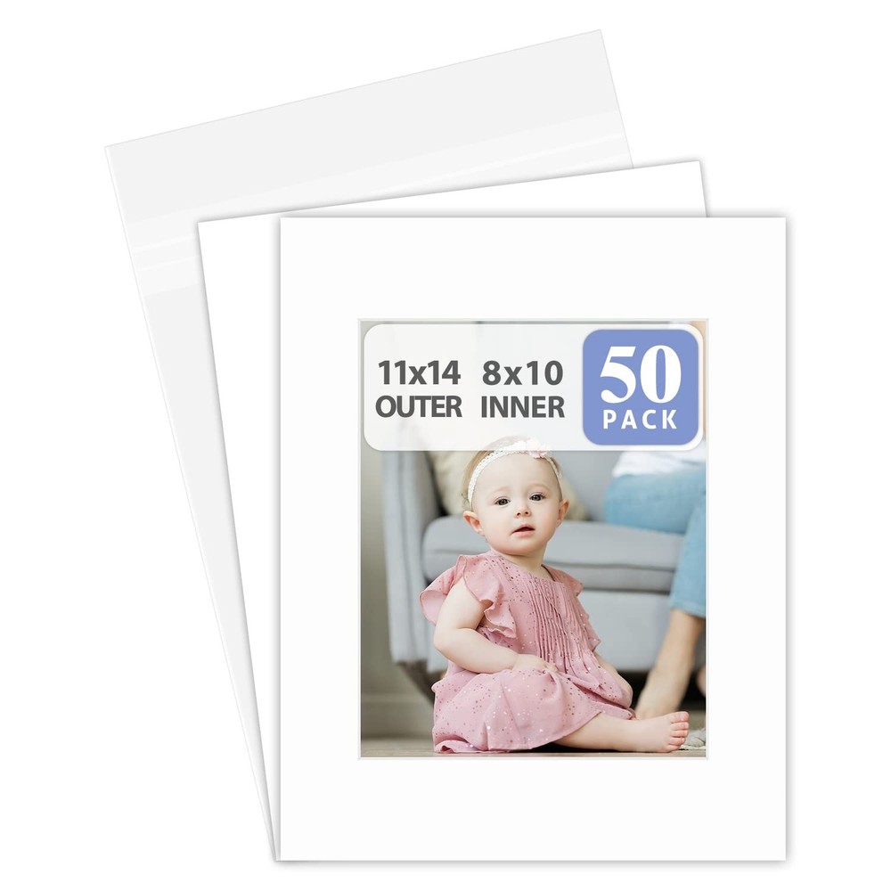 11×14 Picture Mats Acid Free Bevel Cut for 8×10 Photo – 50 Pack with Backing