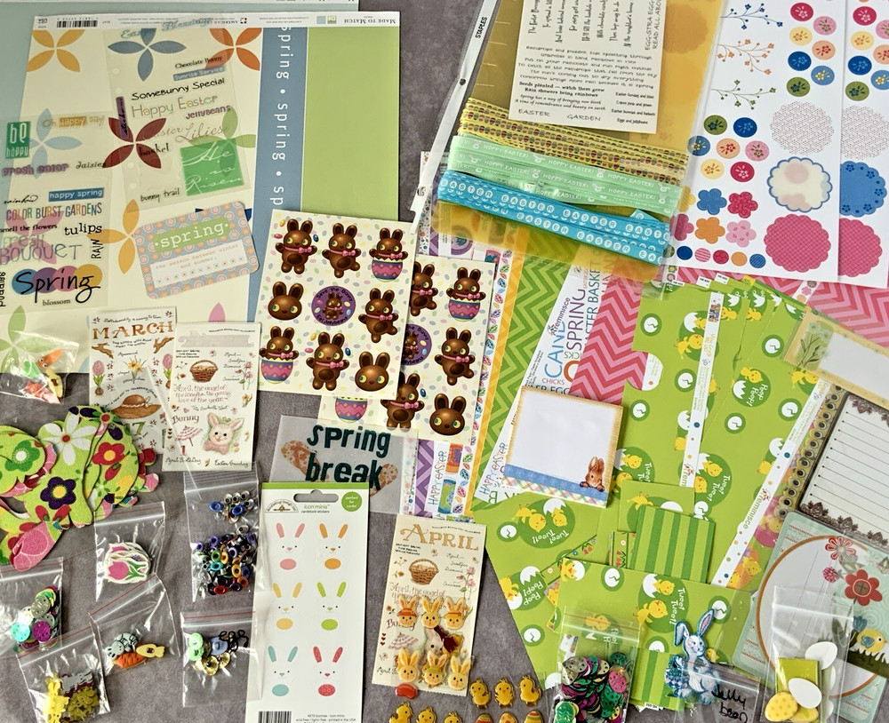 Scrapbook Embellishments SPRING EASTER Stickers Ribbon Eyelets Scraps USED