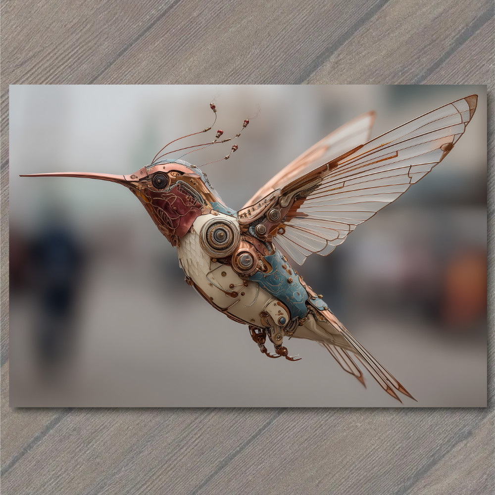 STICKER Ornate Robot Hummingbird Steampunk Wings Pink Blue White Antenna Detai