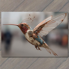 STICKER Ornate Robot Hummingbird Steampunk Wings Pink Blue White Antenna Detai
