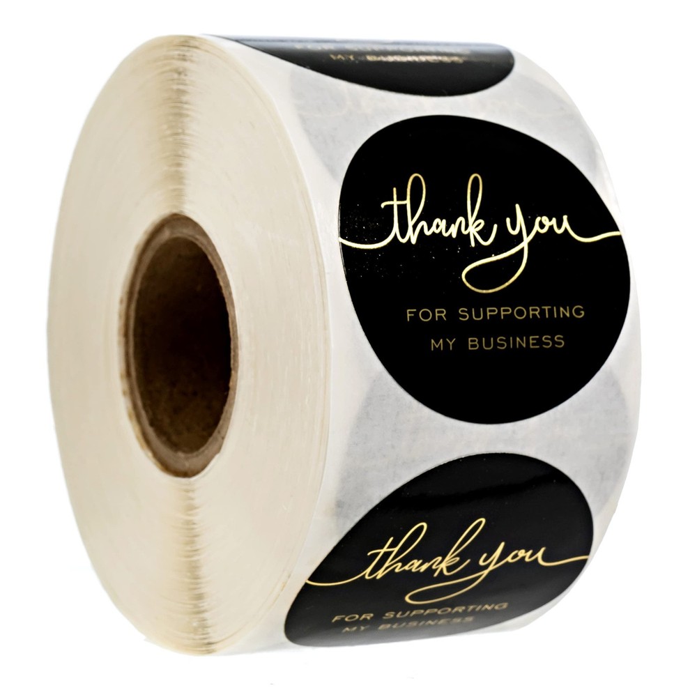 500 Black & Gold Thank You Stickers – 1.5″ Round Foil Labels for Business Gratit