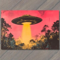 STICKER UFO Hovering Over Forest Sunset Glow Vibrant Mysterious Sci-Fi Scene