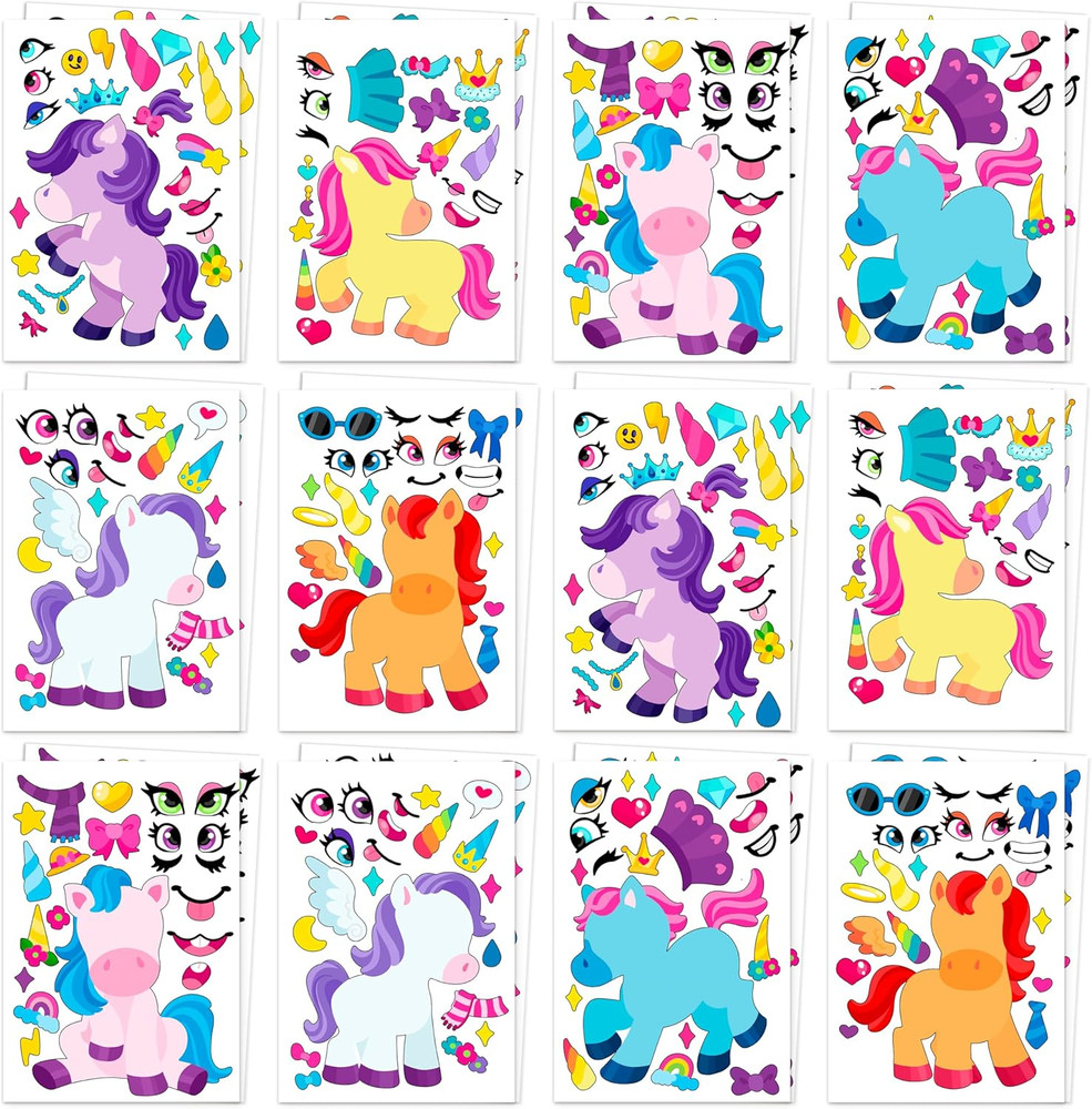 24 Sheets Make-a-Face Stickers 9x6in, Monster Unicorn Party Favors Classroom Set