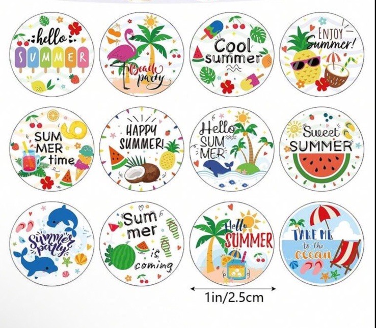 40 PCs Round 1” Summer Themed Stickers 12 Designs Hello Summer Party Cool Beach