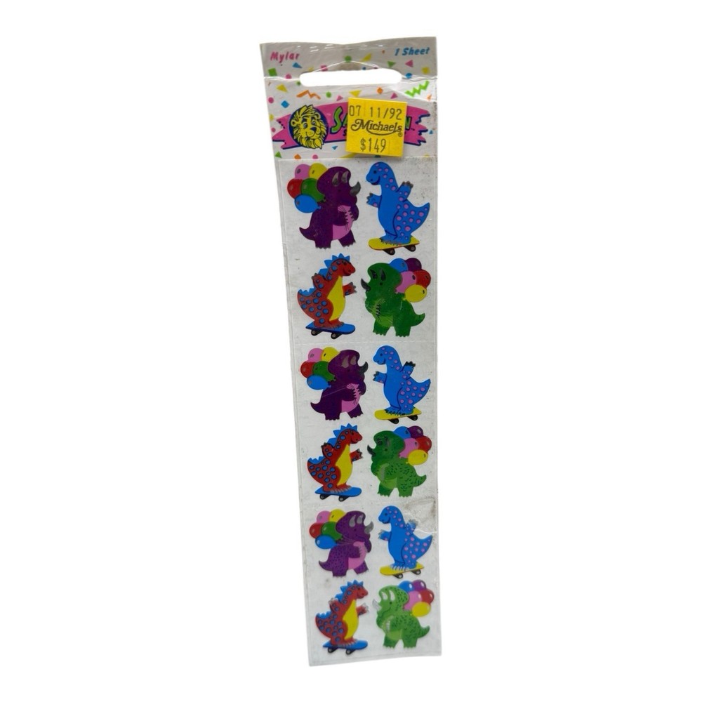 NEW VTG 1990 MYLAR SANDYLION STICKER DESIGNS PRISMATIC HOLO FOIL SHEET DINOSAUR