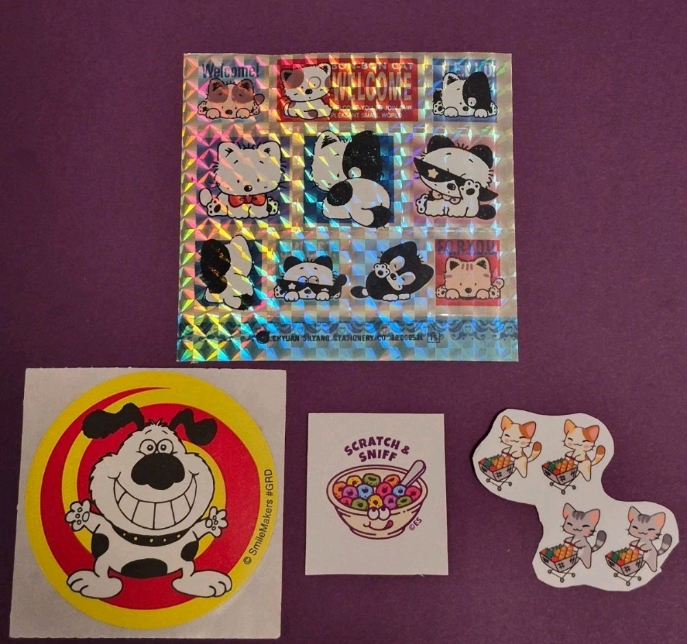 Vintage sticker lot bundle scratch and sniff prismatic smilemakers dog cat
