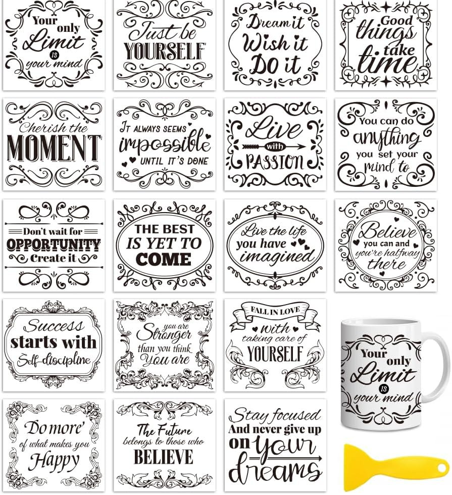 18 Sheets Rub on Transfers for Crafts, Retro and Inspirational Quotes 3.6″X3.9″