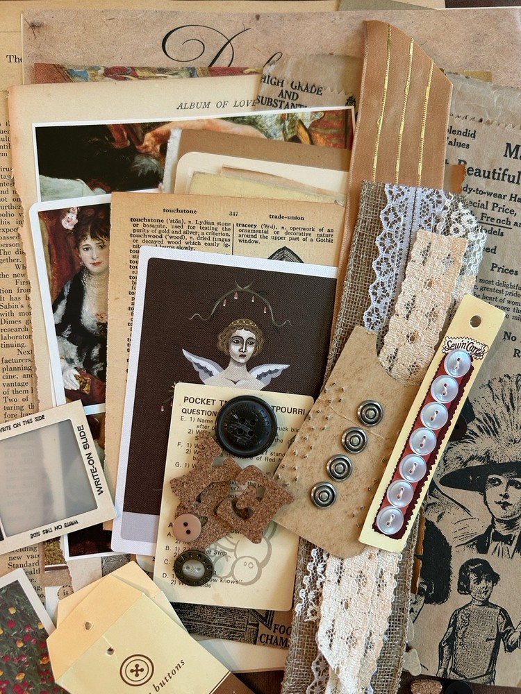 Vintage Ephemera Lot of 60 PCS Junk Journal Book Pages Stamps Buttons Victorian