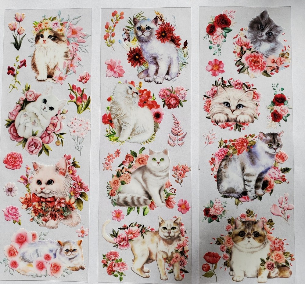 White Cats with pink and red florals. 6 sheets – 3 designs – 2 of each. You cut