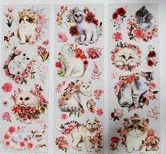 White Cats with pink and red florals. 6 sheets – 3 designs – 2 of each. You cut
