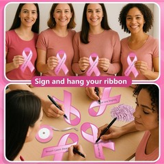 150 PCS Breast Cancer Ribbon Pink Awareness Cutouts Wooden Clips 24 Yards
