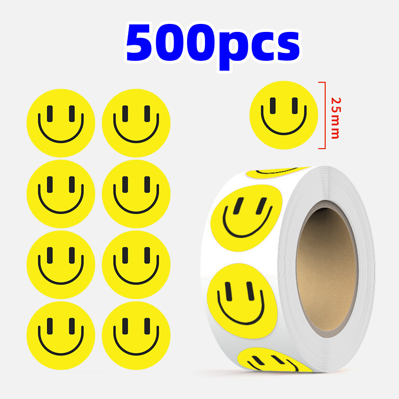 500 pcs Sticker Roll Yellow Tradition Happy Smile Face Semi Gloss Self Adhesive