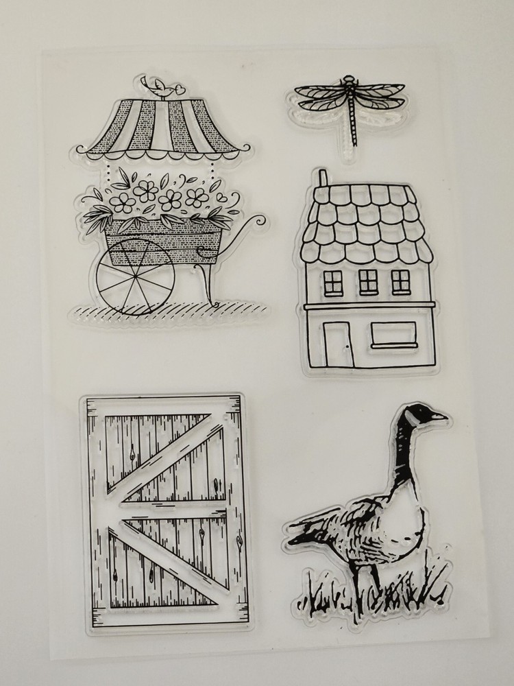Flower Cart Goose Barn Door House Dragonfly Clear Cling Stamps