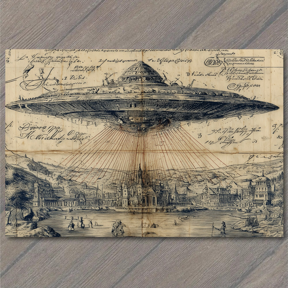 STICKER UFO Flying Saucer Hovering Over Old City Vintage Manuscript Style Draw