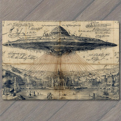 STICKER UFO Flying Saucer Hovering Over Old City Vintage Manuscript Style Draw