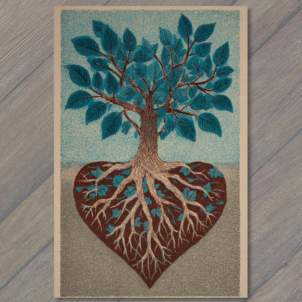 STICKER Heart Shaped Roots Tree Blue Leaves Symbolic Nature Growth Rustic