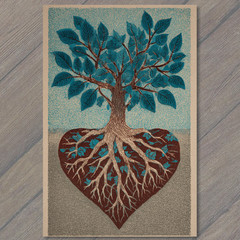 STICKER Heart Shaped Roots Tree Blue Leaves Symbolic Nature Growth Rustic