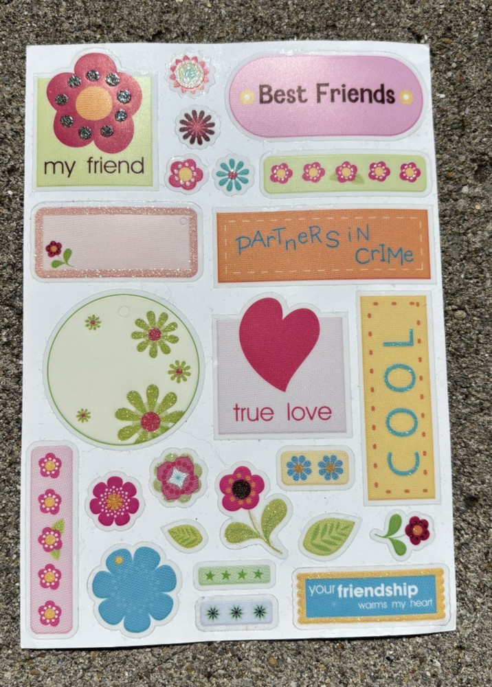 Pastel color Glittered sticker sheet: Love and Friendship
