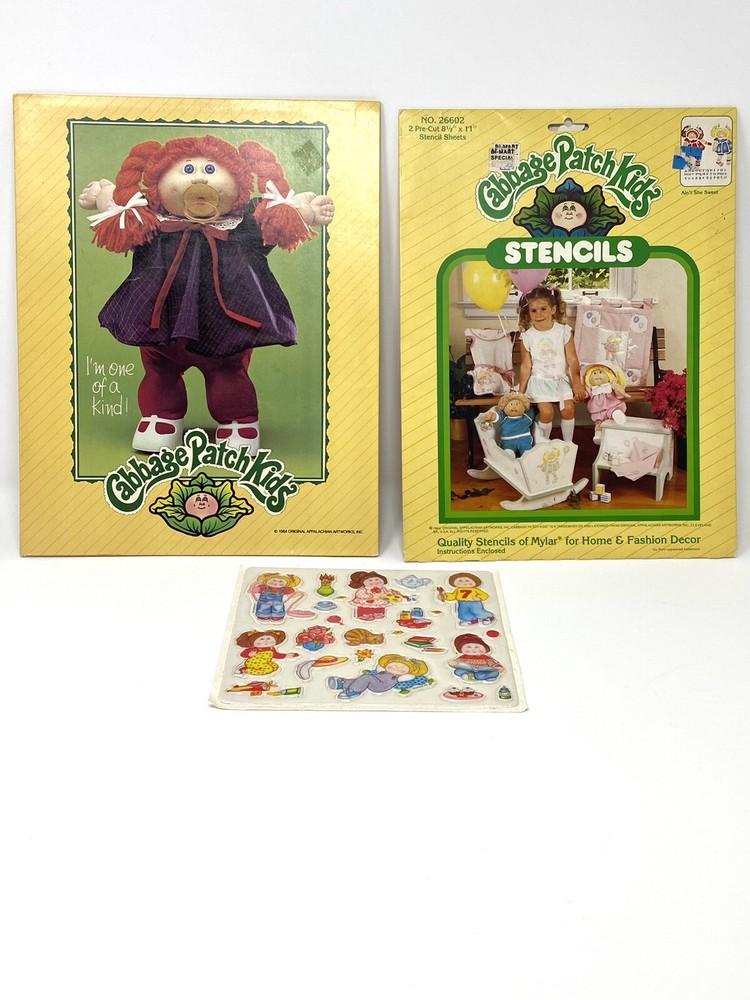Vintage 1984 Lot Cabbage Patch Kids Doll Pocket Folder Stencils Puffy Stickers