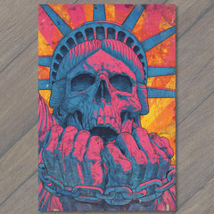 STICKER Statue Liberty Skull Neon Chains Red Blue Orange Radiant Background