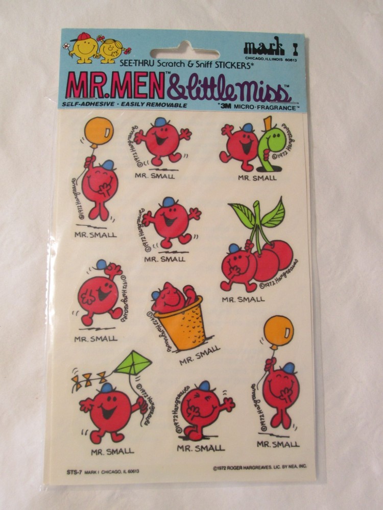 VTG 1972 Mr Men Little Miss Mark 1 Scratch & Sniff Stickers Mr Small NOS