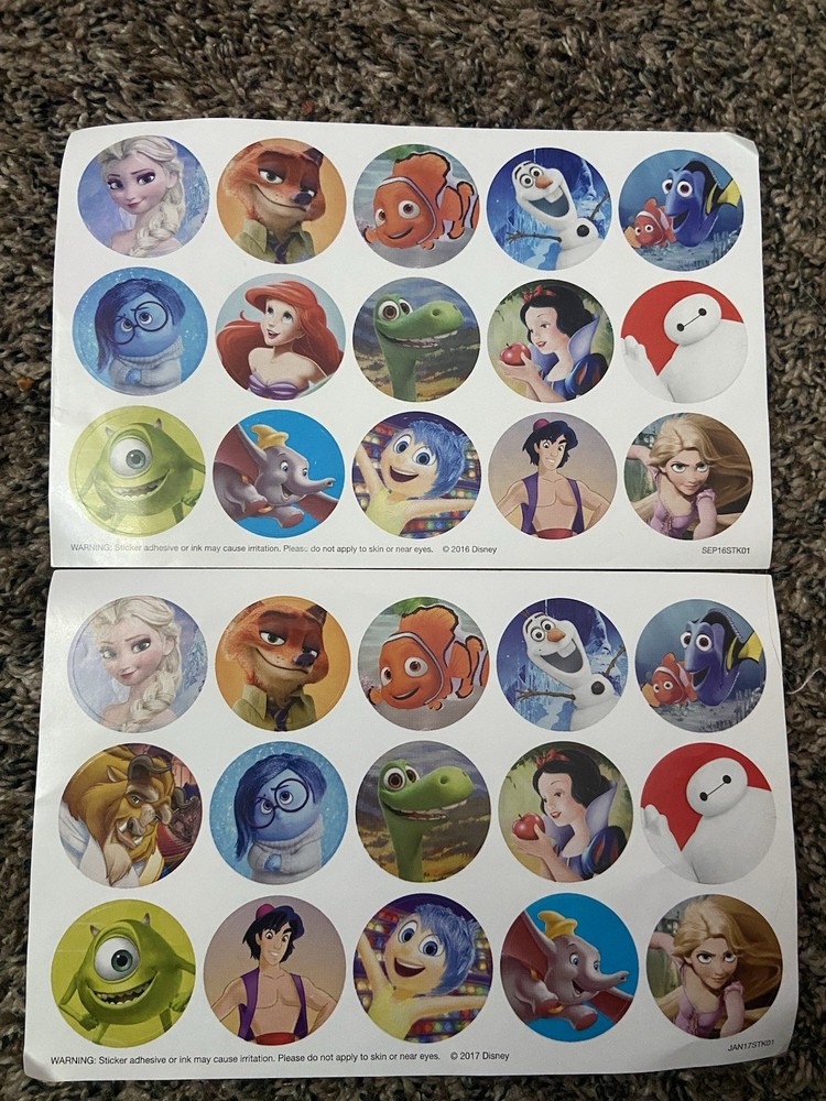 Lot Of 2 Sheets DISNEY CHARACTERS Stickers Cars,Frozen,Finding Nemo,Snow White