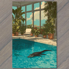 STICKER Alligator Swimming Indoor Pool Tropical Plants Sunlight Retro Surreal