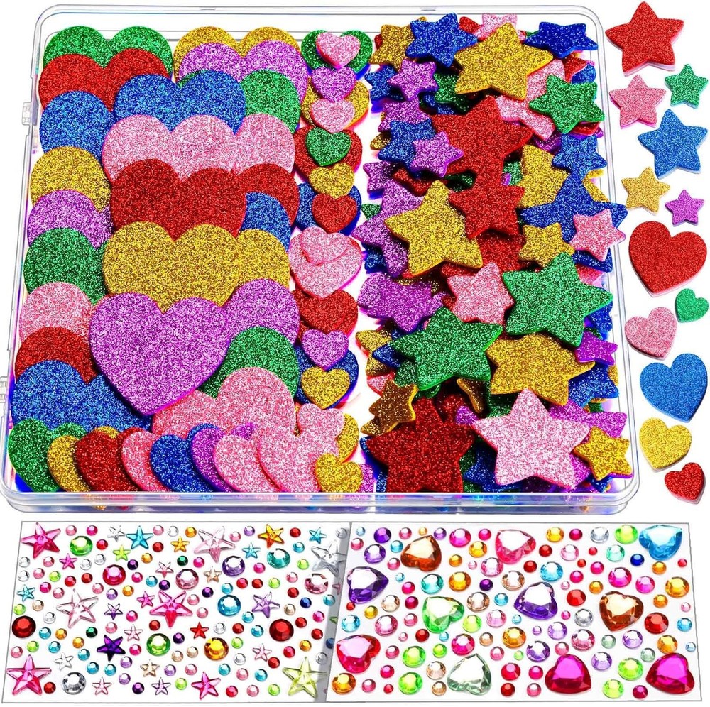 YGDZ Glitter Foam Stickers Set, Colorful Self Adhesive Stars Heart Gems Sticker